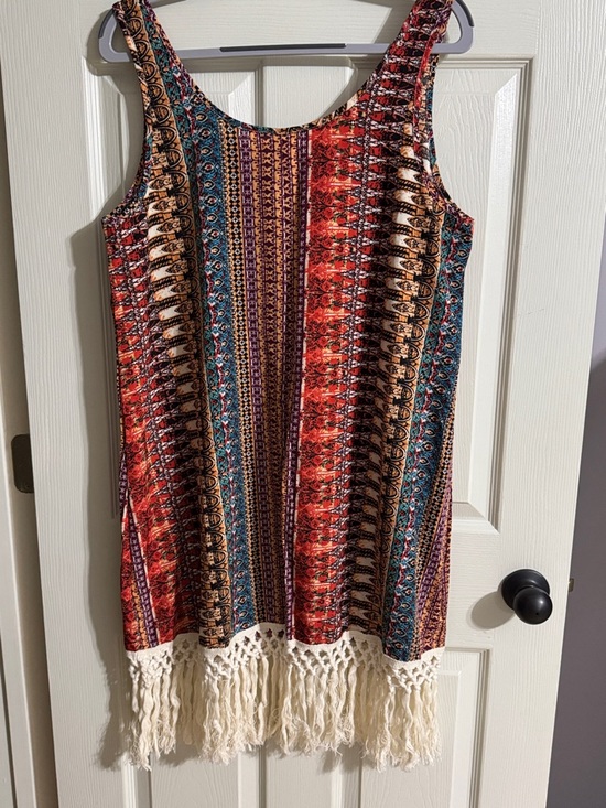 SHEIN Red Multi-Color Boho Midi Dress with Fringe - Picture 3 of 10